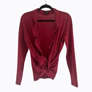 Talbots Open Cardigan Sweater MP Burgundy Italian Merino Wool Ruffle Trim Y2K